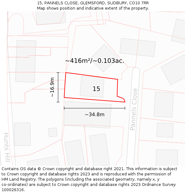 15, PANNELS CLOSE, GLEMSFORD, SUDBURY, CO10 7RR: Plot and title map