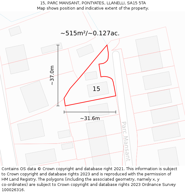 15, PARC MANSANT, PONTYATES, LLANELLI, SA15 5TA: Plot and title map