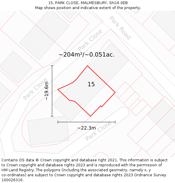 15, PARK CLOSE, MALMESBURY, SN16 0EB: Plot and title map