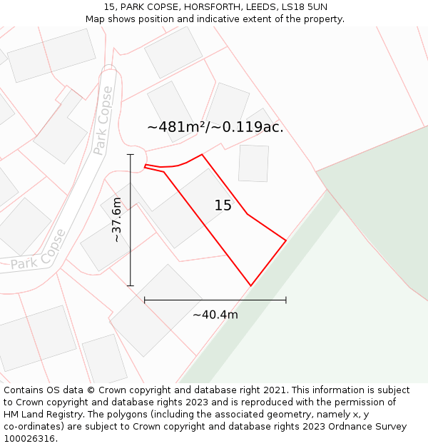 15, PARK COPSE, HORSFORTH, LEEDS, LS18 5UN: Plot and title map
