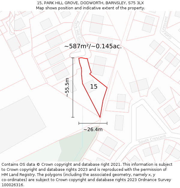 15, PARK HILL GROVE, DODWORTH, BARNSLEY, S75 3LX: Plot and title map