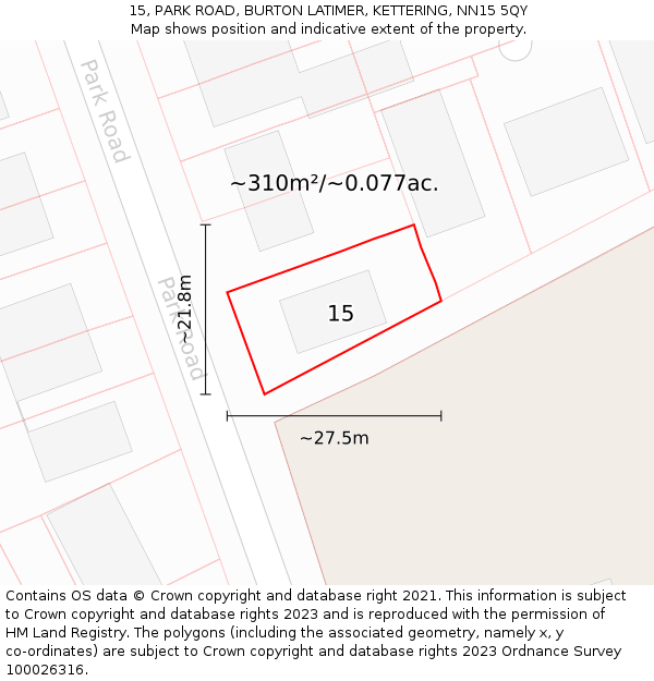 15, PARK ROAD, BURTON LATIMER, KETTERING, NN15 5QY: Plot and title map