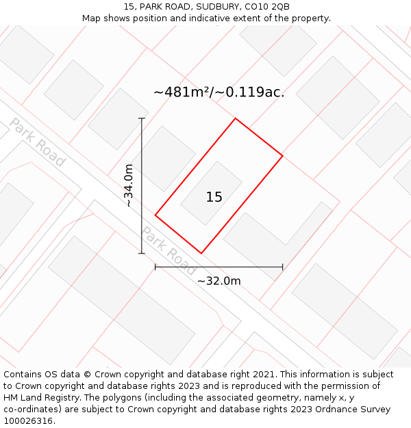 15, PARK ROAD, SUDBURY, CO10 2QB: Plot and title map