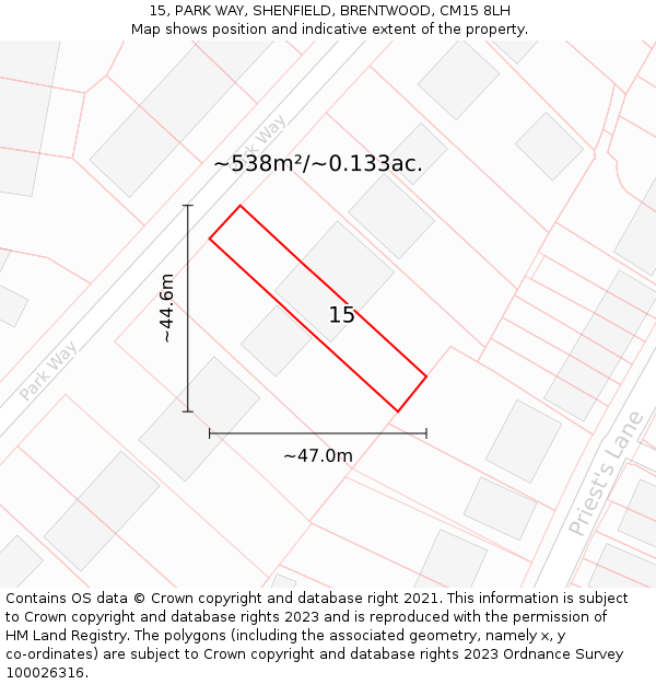 15, PARK WAY, SHENFIELD, BRENTWOOD, CM15 8LH: Plot and title map