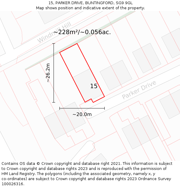 15, PARKER DRIVE, BUNTINGFORD, SG9 9GL: Plot and title map