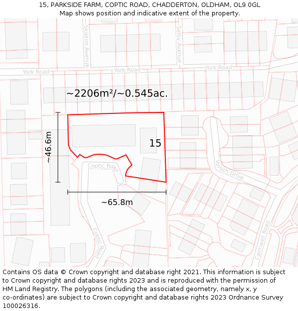 15, PARKSIDE FARM, COPTIC ROAD, CHADDERTON, OLDHAM, OL9 0GL: Plot and title map