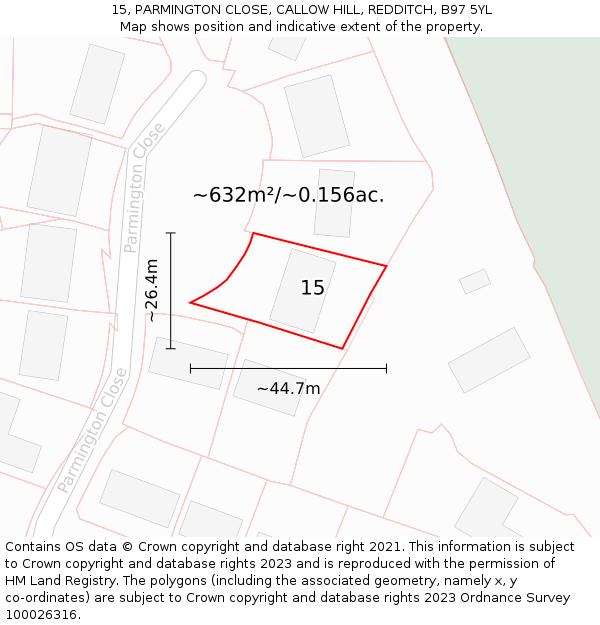 15, PARMINGTON CLOSE, CALLOW HILL, REDDITCH, B97 5YL: Plot and title map