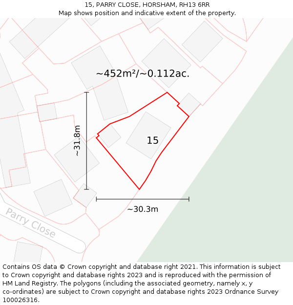 15, PARRY CLOSE, HORSHAM, RH13 6RR: Plot and title map