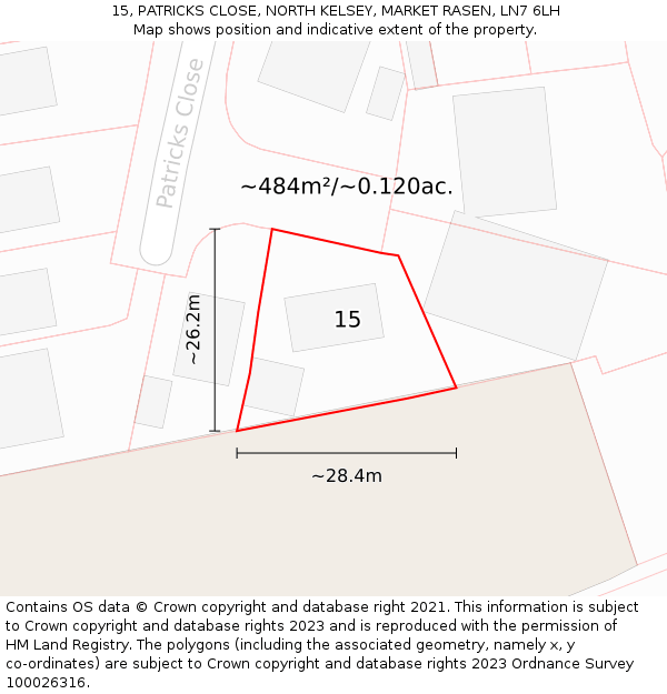 15, PATRICKS CLOSE, NORTH KELSEY, MARKET RASEN, LN7 6LH: Plot and title map