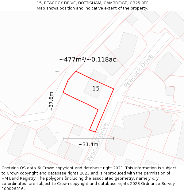 15, PEACOCK DRIVE, BOTTISHAM, CAMBRIDGE, CB25 9EF: Plot and title map