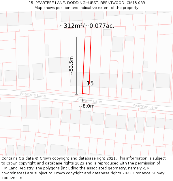 15, PEARTREE LANE, DODDINGHURST, BRENTWOOD, CM15 0RR: Plot and title map