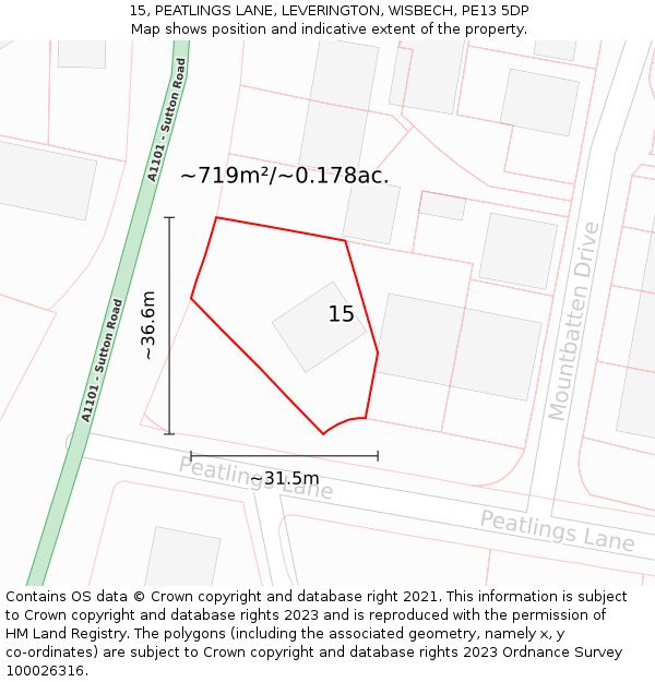 15, PEATLINGS LANE, LEVERINGTON, WISBECH, PE13 5DP: Plot and title map