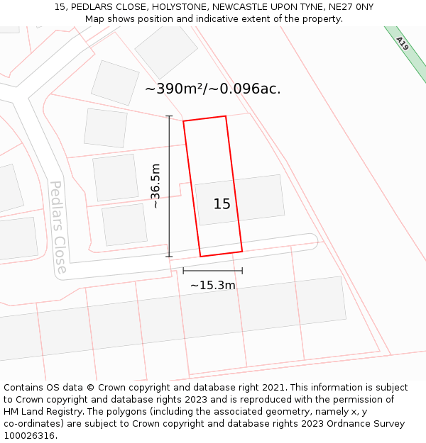 15, PEDLARS CLOSE, HOLYSTONE, NEWCASTLE UPON TYNE, NE27 0NY: Plot and title map