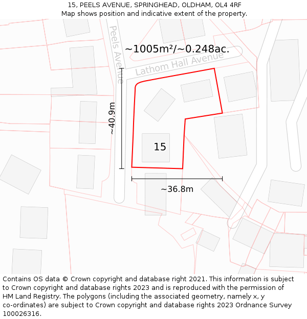 15, PEELS AVENUE, SPRINGHEAD, OLDHAM, OL4 4RF: Plot and title map