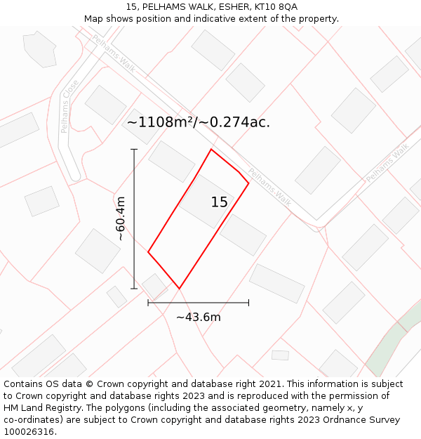 15, PELHAMS WALK, ESHER, KT10 8QA: Plot and title map