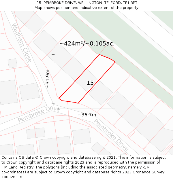 15, PEMBROKE DRIVE, WELLINGTON, TELFORD, TF1 3PT: Plot and title map