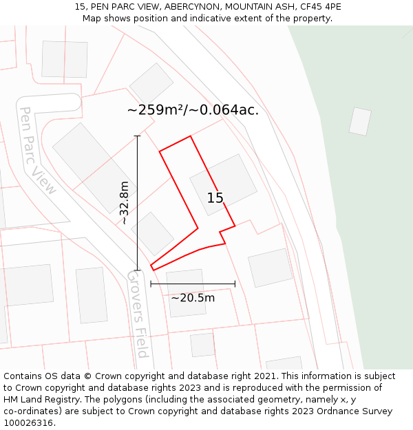 15, PEN PARC VIEW, ABERCYNON, MOUNTAIN ASH, CF45 4PE: Plot and title map