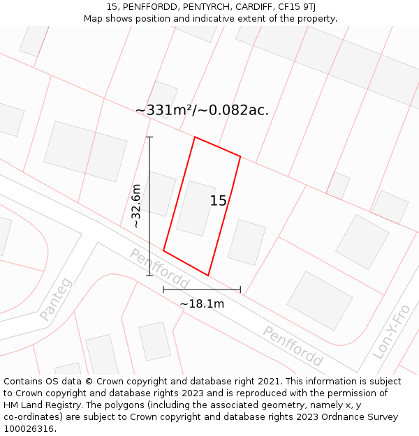 15, PENFFORDD, PENTYRCH, CARDIFF, CF15 9TJ: Plot and title map