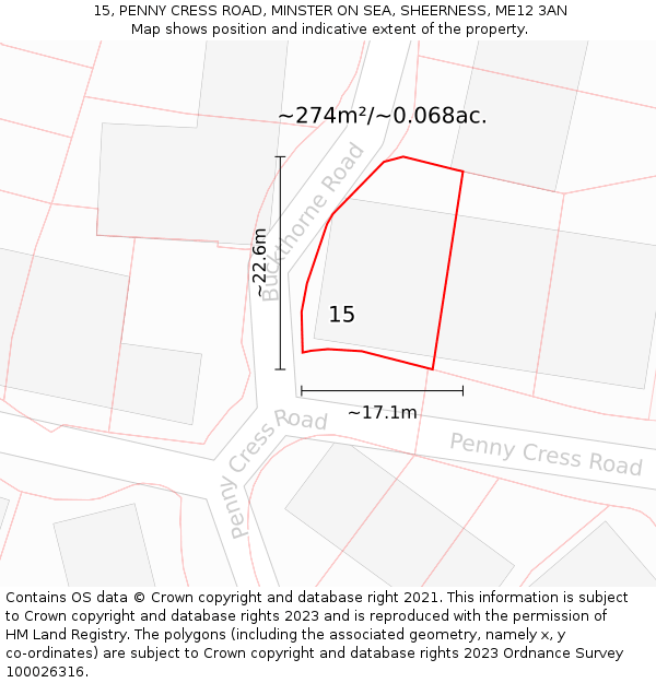 15, PENNY CRESS ROAD, MINSTER ON SEA, SHEERNESS, ME12 3AN: Plot and title map