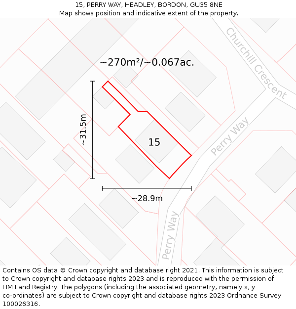 15, PERRY WAY, HEADLEY, BORDON, GU35 8NE: Plot and title map