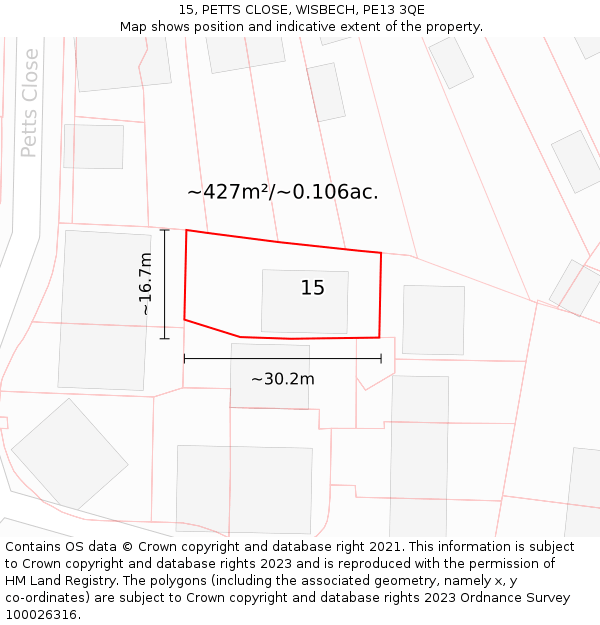 15, PETTS CLOSE, WISBECH, PE13 3QE: Plot and title map