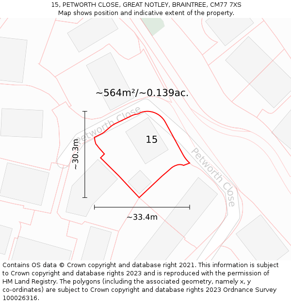 15, PETWORTH CLOSE, GREAT NOTLEY, BRAINTREE, CM77 7XS: Plot and title map