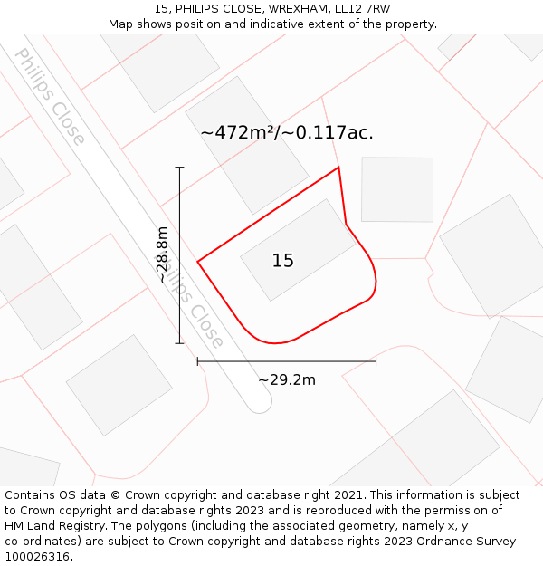 15, PHILIPS CLOSE, WREXHAM, LL12 7RW: Plot and title map