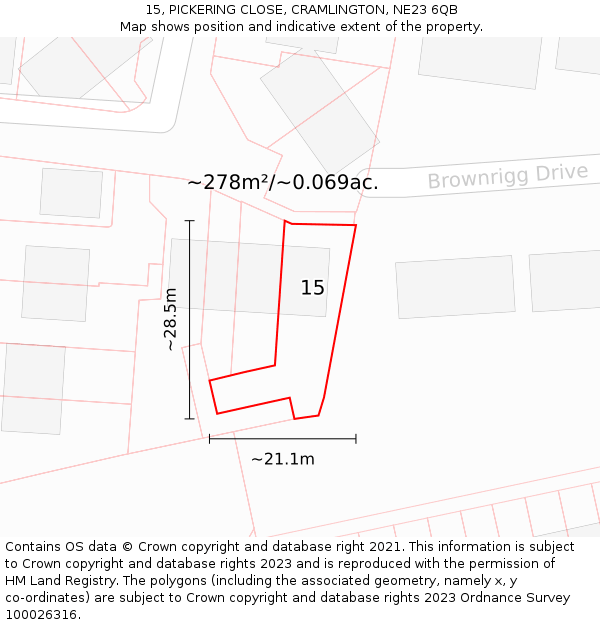 15, PICKERING CLOSE, CRAMLINGTON, NE23 6QB: Plot and title map