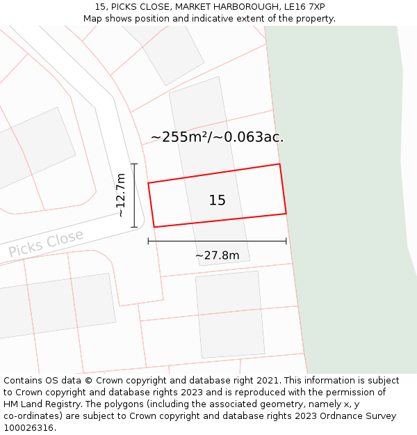 15, PICKS CLOSE, MARKET HARBOROUGH, LE16 7XP: Plot and title map