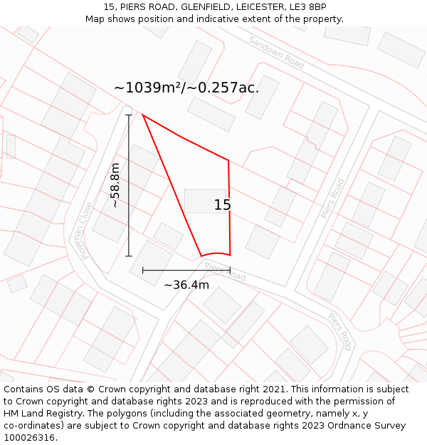 15, PIERS ROAD, GLENFIELD, LEICESTER, LE3 8BP: Plot and title map