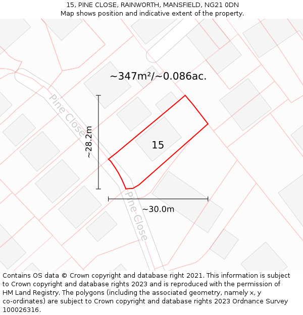 15, PINE CLOSE, RAINWORTH, MANSFIELD, NG21 0DN: Plot and title map