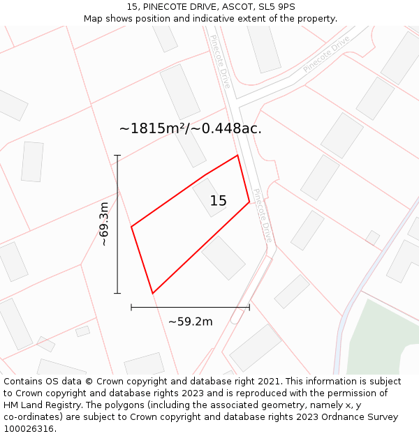 15, PINECOTE DRIVE, ASCOT, SL5 9PS: Plot and title map