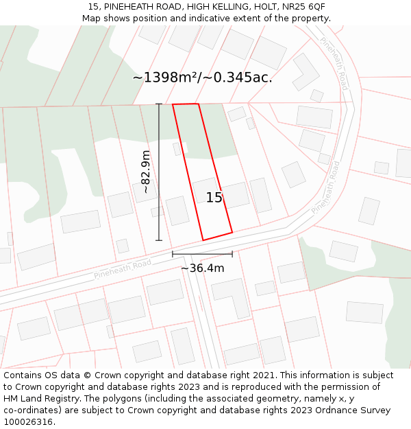 15, PINEHEATH ROAD, HIGH KELLING, HOLT, NR25 6QF: Plot and title map