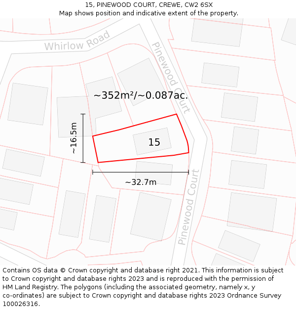 15, PINEWOOD COURT, CREWE, CW2 6SX: Plot and title map