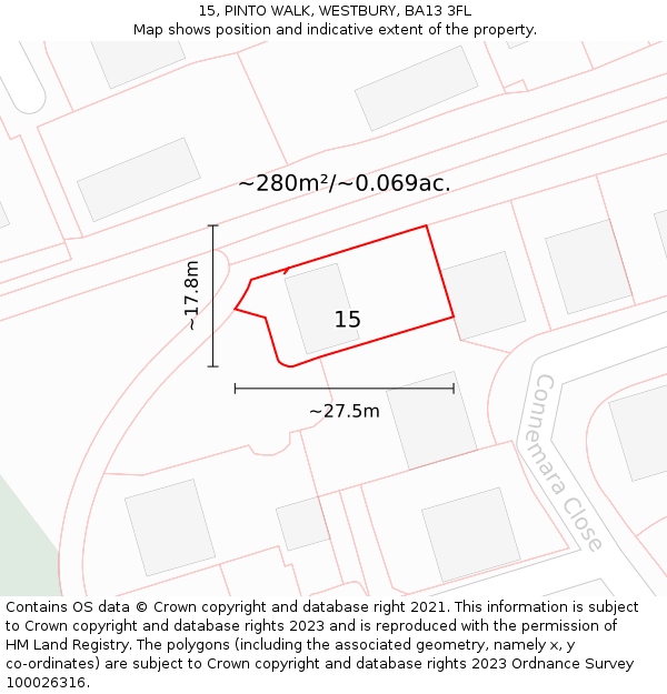 15, PINTO WALK, WESTBURY, BA13 3FL: Plot and title map