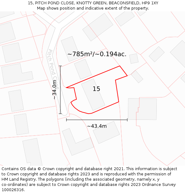 15, PITCH POND CLOSE, KNOTTY GREEN, BEACONSFIELD, HP9 1XY: Plot and title map