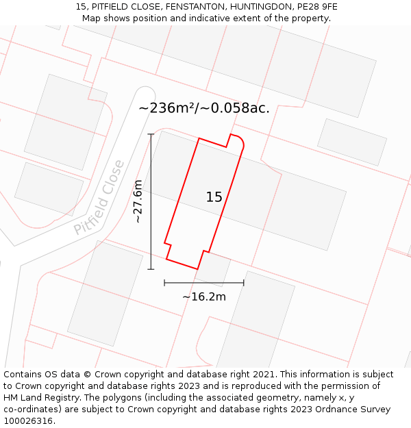 15, PITFIELD CLOSE, FENSTANTON, HUNTINGDON, PE28 9FE: Plot and title map