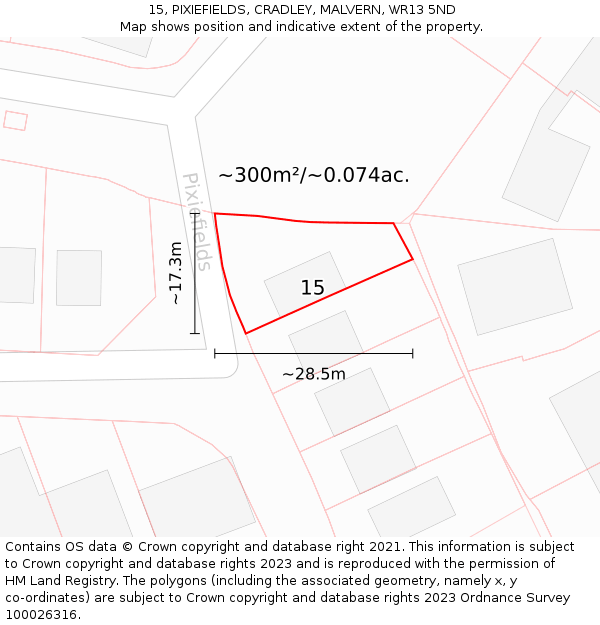 15, PIXIEFIELDS, CRADLEY, MALVERN, WR13 5ND: Plot and title map