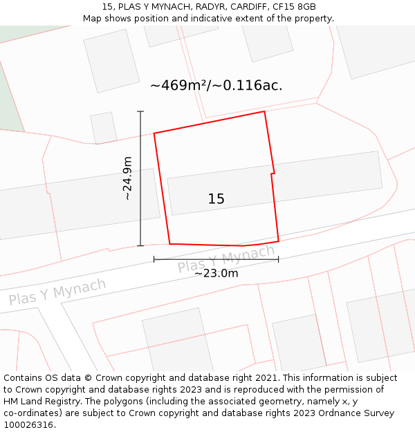 15, PLAS Y MYNACH, RADYR, CARDIFF, CF15 8GB: Plot and title map