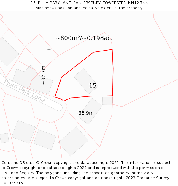 15, PLUM PARK LANE, PAULERSPURY, TOWCESTER, NN12 7NN: Plot and title map