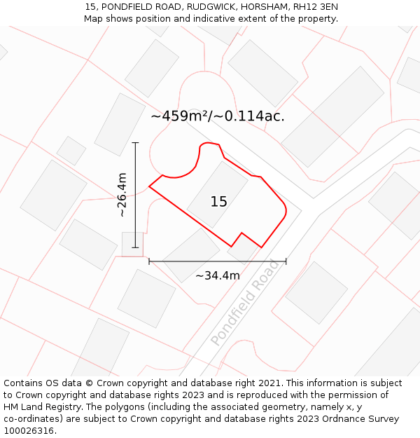 15, PONDFIELD ROAD, RUDGWICK, HORSHAM, RH12 3EN: Plot and title map