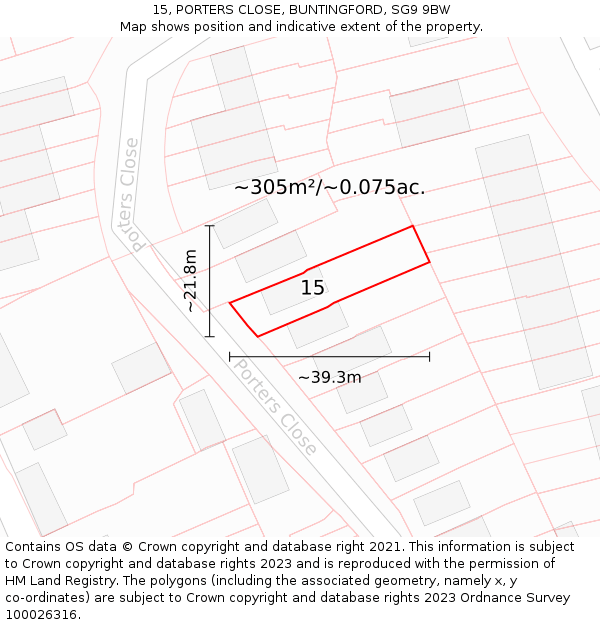 15, PORTERS CLOSE, BUNTINGFORD, SG9 9BW: Plot and title map