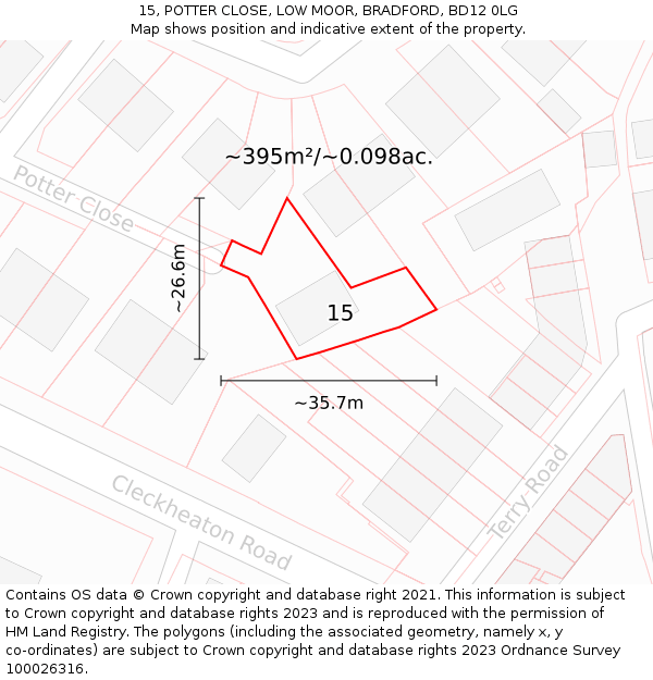 15, POTTER CLOSE, LOW MOOR, BRADFORD, BD12 0LG: Plot and title map