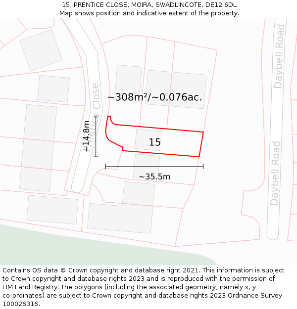 15, PRENTICE CLOSE, MOIRA, SWADLINCOTE, DE12 6DL: Plot and title map