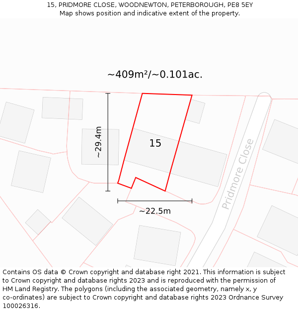 15, PRIDMORE CLOSE, WOODNEWTON, PETERBOROUGH, PE8 5EY: Plot and title map