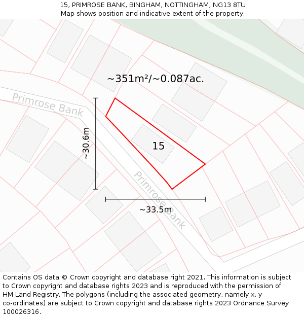 15, PRIMROSE BANK, BINGHAM, NOTTINGHAM, NG13 8TU: Plot and title map