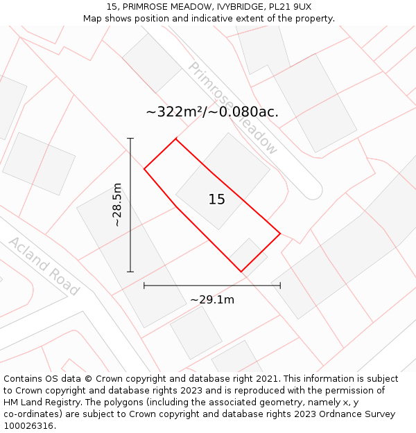 15, PRIMROSE MEADOW, IVYBRIDGE, PL21 9UX: Plot and title map