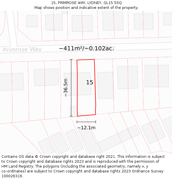 15, PRIMROSE WAY, LYDNEY, GL15 5SQ: Plot and title map