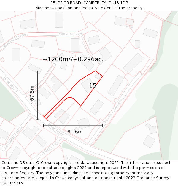 15, PRIOR ROAD, CAMBERLEY, GU15 1DB: Plot and title map
