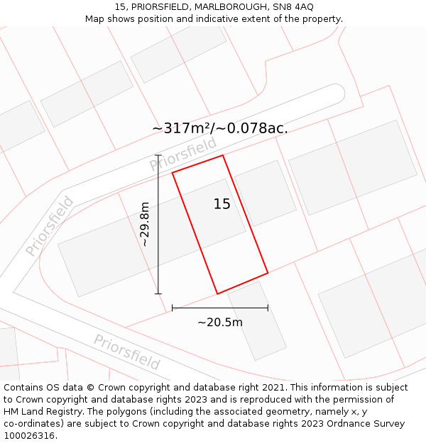 15, PRIORSFIELD, MARLBOROUGH, SN8 4AQ: Plot and title map